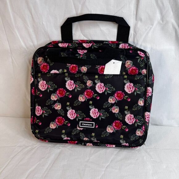Clearlove NWT Black Floral Print Zip Travel Hanging Toiletry Bag College Dorm - Picture 4 of 9